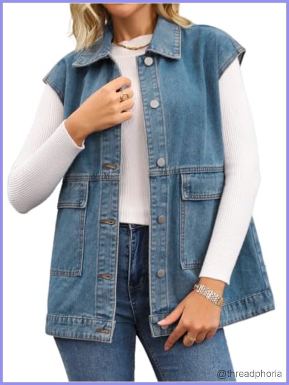 Oversized Long Denim Vest Button Down Sleeveless Utility Jean Jacket